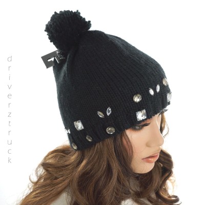 APT. 9 's BLACK HAT with Faux CRYSTALS & POM Ribbed Knit WINTER BEANIE CAP 800445187553 eb-40276479